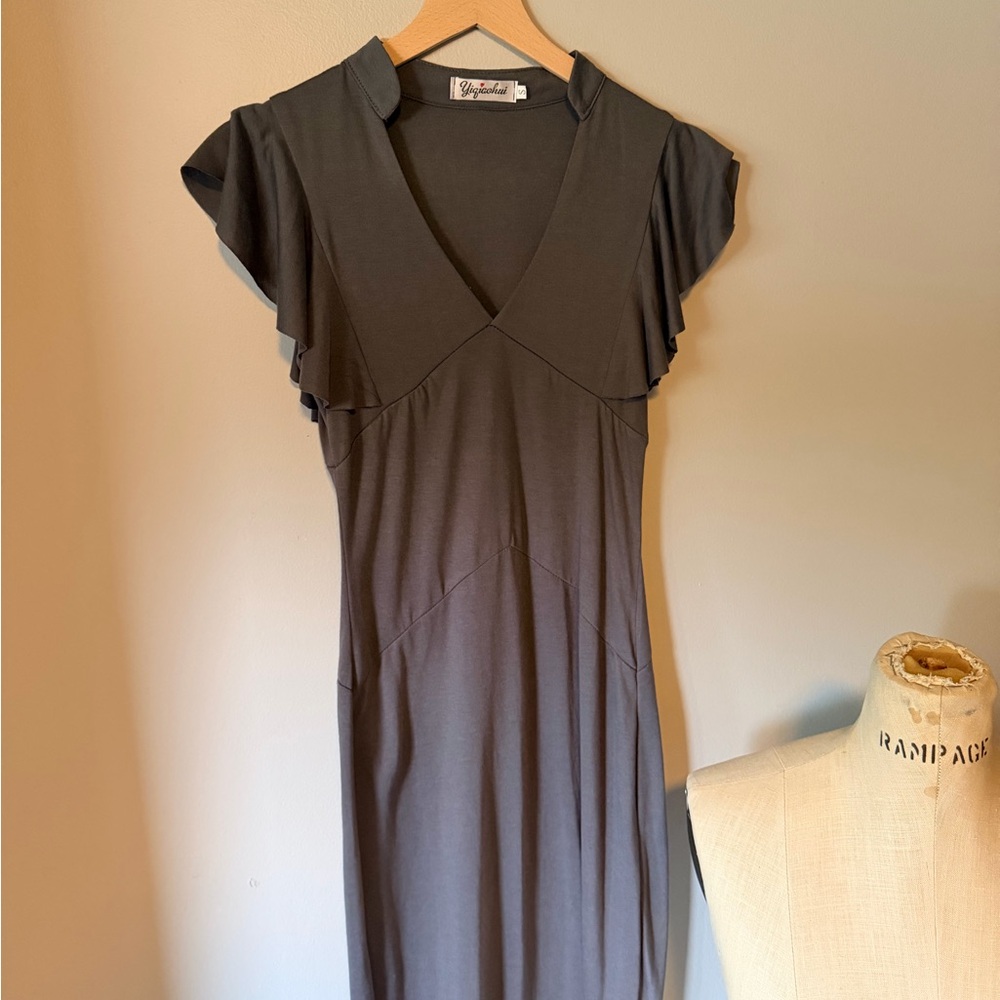 Charcoal Ruffle Sleeve Midi Dress